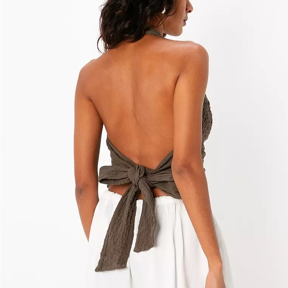 Zara crinkled textured dark olive green halter neck tie wrap top - Picture 9 of 11